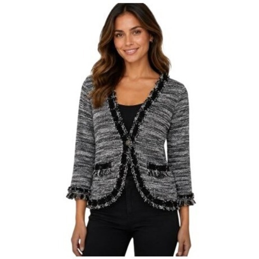 Carole Little Cardigan Sweater Sz S Black White Metallic Fringed Shrug Acadamia